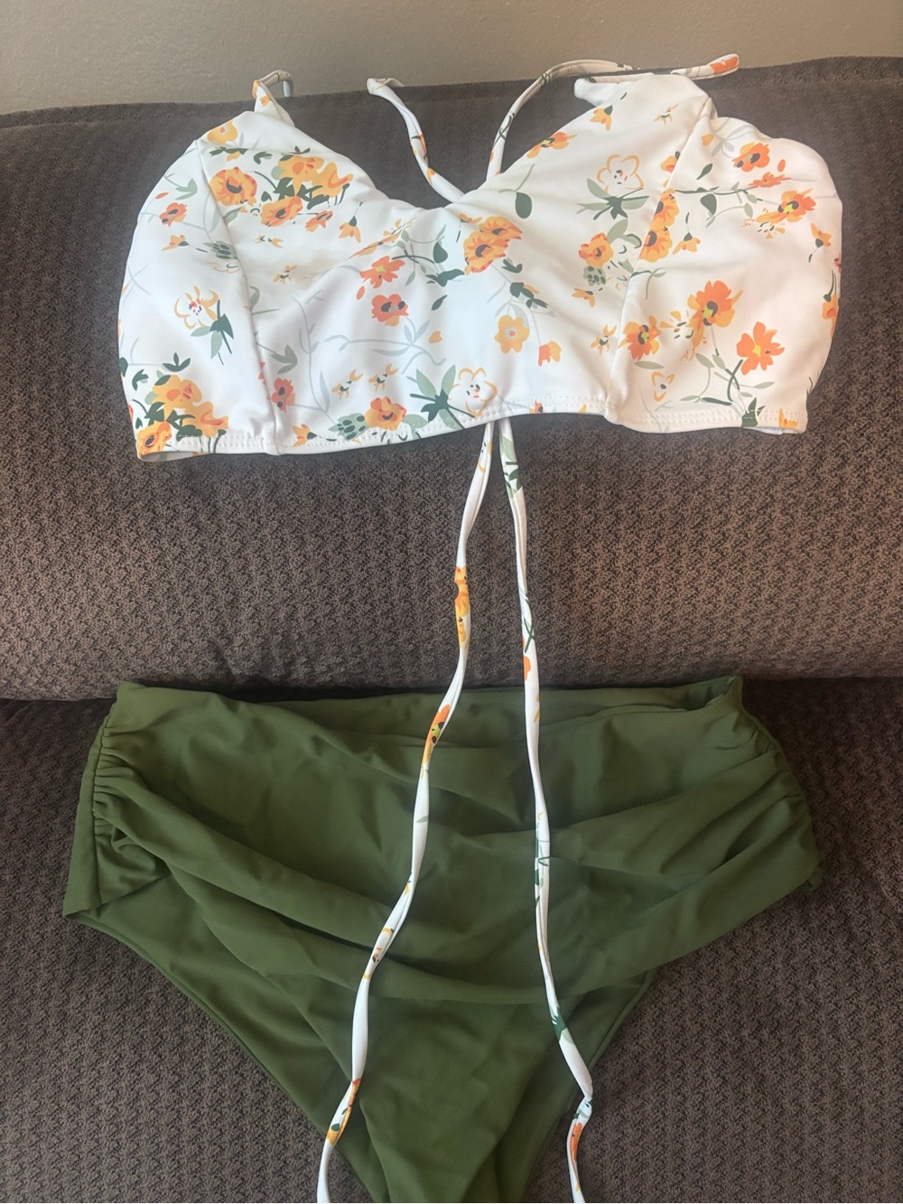 SHEIN White Floral Bikini Top with Olive Green High-Waist Bottoms